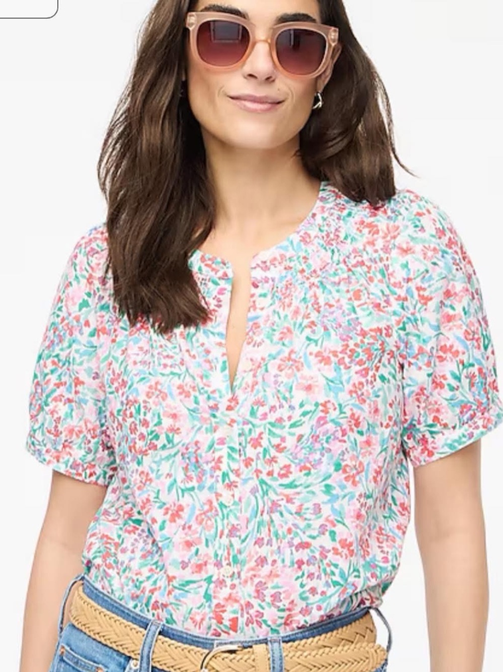 NWT J. Crew Linen Blend Short Sleeve Smocked Neck Top, Floral, CI095, Size Small